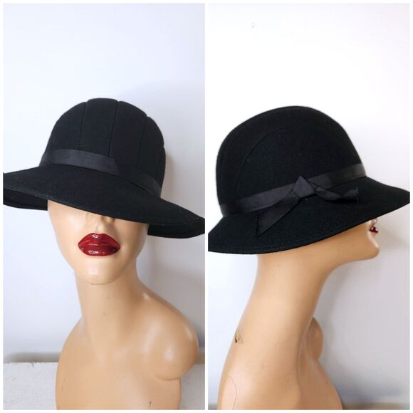 Vintage Black Wool Felt Hat -Made in USA Fedora Hat - Womens Wool Hat - Picture 1 of 10